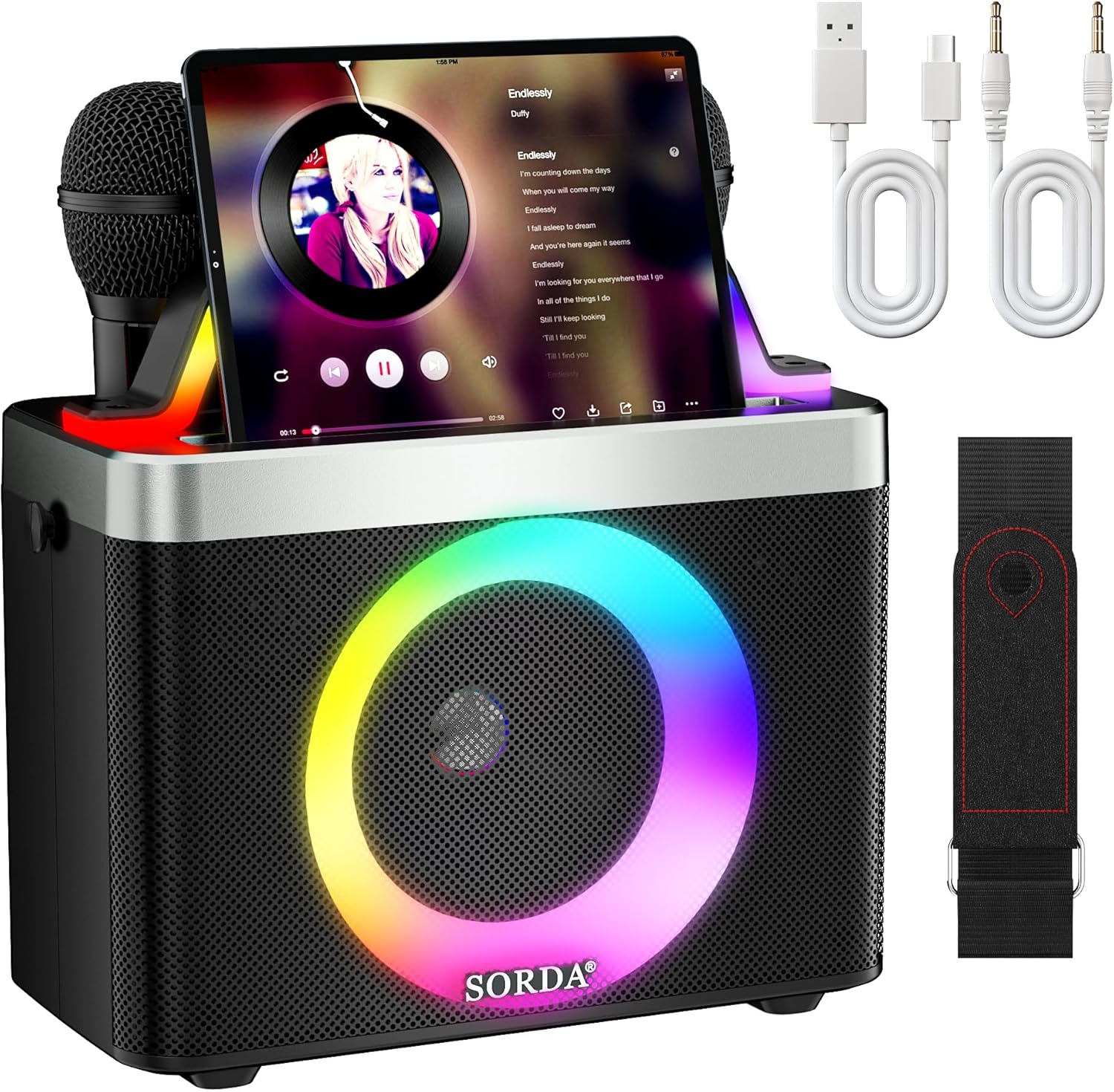 81HY93cm-2L._AC_SL1500_ Преносима Bluetooth Караоке машина с 2 безжични микрофона, презрамка, забавна смяна на гласа, поддръжка на USB/AUX за събития на октрито, партита и друго - Image 1