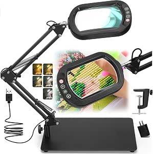 718ONcxmvvL._AC_SY300_SX300_QL70_ML2_ 12 x правоъгълна лупа с LED светлини и стойка, 5 цветови режима, плавно димируема, 2-в-1 LED осветена настолна лампа и скоба, лупа за четене без ръце за четене, занаяти, ремонт, боядисване - Image 1
