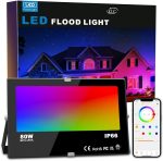 RGBW LED прожектор 80 W, с променящи се цветове, еквивалентен на 800 W, 16 милиона цвята с таймер за групиране, 2700 K топло бяло, клас на водозащита IP66 за външно и вътрешно ползване