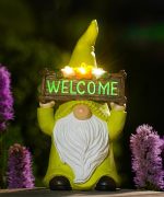 Соларен гном с табела „Welcome“и цветя, светеща забавна декорация за тераса, двор, градина и др - Image 2
