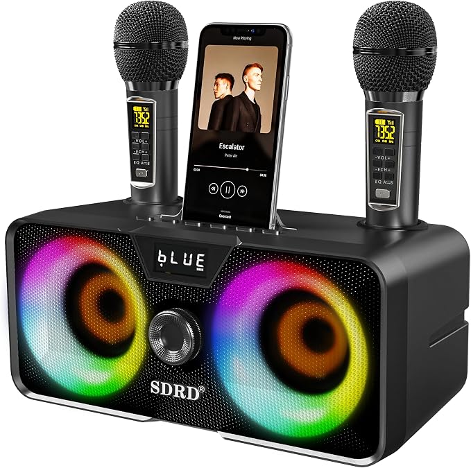 81NupeYg0zL._AC_SX679_ Караоке Bluetooth колона с 2 безжични микрофона,Уникален звук с лед парти светлини за домашно парти 2 х 10W първокласни широколентови високоговорителя, - Image 1