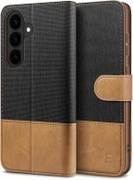 Samsung S26, калъф с кожа и плат, тип портфейл с държачи за кредитни карти, поставка, магнитна каишка за закопчаване
